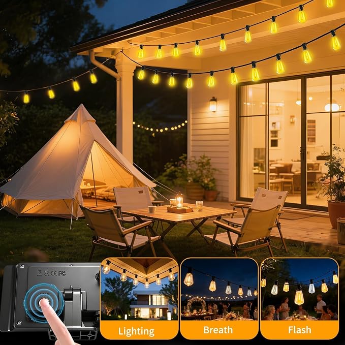 Solar Lights Outdoor, 40FT ST38 LED IP65 Waterproof Patio Lights | 13 Shatterproof Bulbs Hanging Light, Solar or USB Charging, 3 Lighting Modes for Backyard Porch Party Decor Warm White