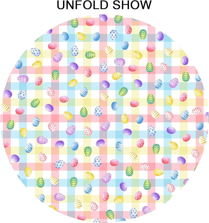 Sweetshow Easter Colorful Eggs Table Cloth Round Buffalo Check Plaid Tablecloth 70 Inch Decor Washable Stain and Wrinkle Spring Round Table Cover for Dining Picnic