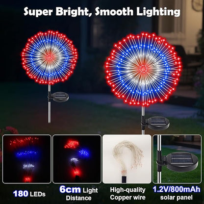 4th of July Decorations Solar Fireworks Lights for Outside, 2 Pack 180LED Red White Blue Solar Lights Outdoor with 8 Mode, Firework Patriotic Light for 4th of July Memorial Day Party Decoration