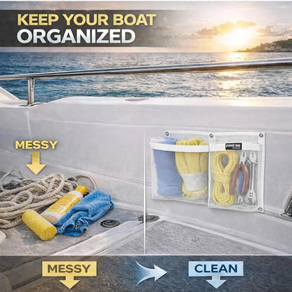 Marine Mesh Double Pocket Boat Gear Storage Bag, Polyester Boat Rope Storage Bag, Screw Snap Mount, (White, Large)