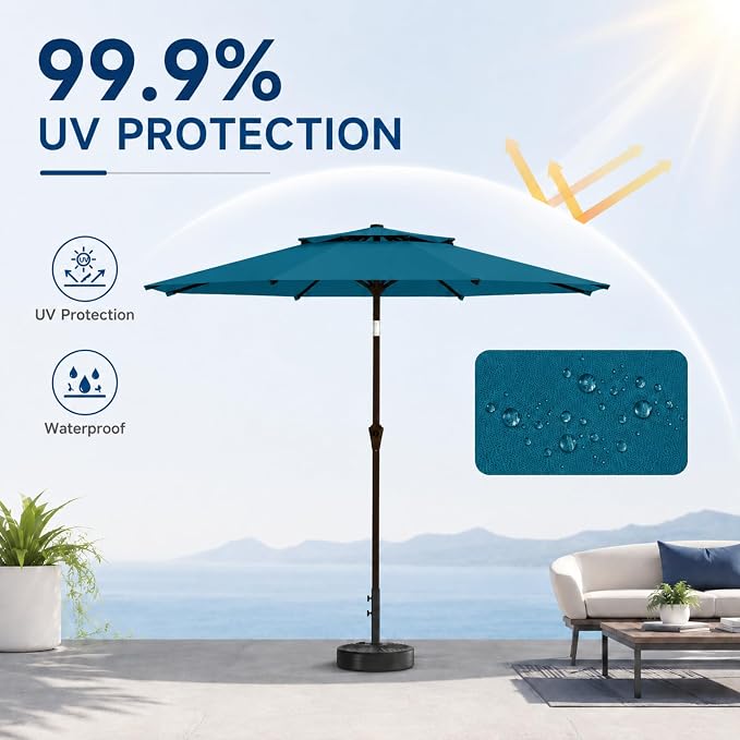 10FT Patio Umbrella, 2 Tier Outdoor Table Umbrella, Large Vented Market Umbrellas with Push Button Tilt and Crank, 8 Sturdy Ribs for Backyard, Deck, Pool, UPF50+ UV Protection
