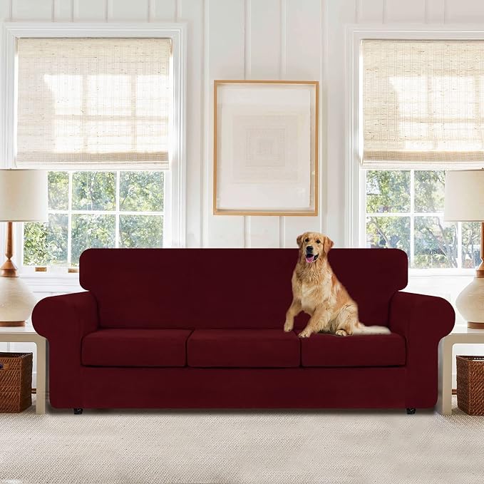 WEERRW 4 Pieces Couch Cover for Sofa Velvet Sofa Covers Washable, Burgundy | Sofa Covers for 3 Cushion Couch Furniture Protector Sofa Slipcovers with Non Slip Elastic Bottom, Pet Friendly, Large