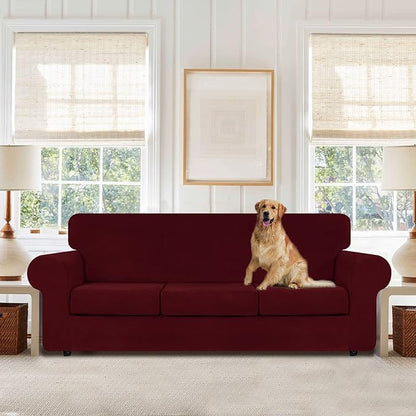 WEERRW 4 Pieces Couch Cover for Sofa Velvet Sofa Covers Washable, Burgundy | Sofa Covers for 3 Cushion Couch Furniture Protector Sofa Slipcovers with Non Slip Elastic Bottom, Pet Friendly, Large