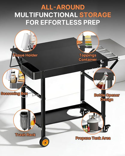 Outdoor Pizza Oven Table, Portable Pizza Oven Cart with Topping Station, Heavy Duty Grill Cart Table with Pizza Prep Station with Storage, Fit Ninja Cuisinart Gozney and Blackstone Griddle