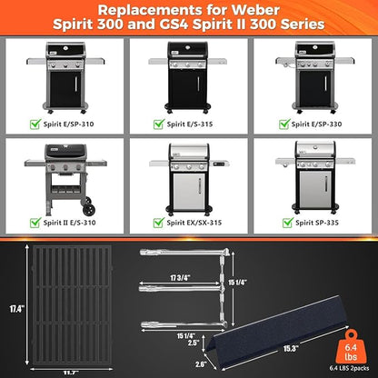 Grill Replacement Parts for Weber Spirit 300 & GS4 Spirit II 300 Series (Front Control), 15.3" Flavorizer Bars, Grill Burner & Grates, Fits Spirit E-310 E-315 E-330, Replaces Weber 7636 7638 69787