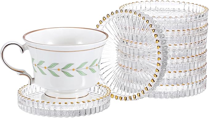 Modern Clear Coaster Set of 8 Glass Coasters for Drinks, Crystal Coasters Round Cup Mat Coffee Table Decor for Office, Kitchen, Bar, Dining Room, Living Room, Patio (Clear with Gold Rim)