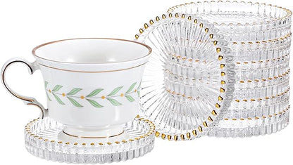 Modern Clear Coaster Set of 8 Glass Coasters for Drinks, Crystal Coasters Round Cup Mat Coffee Table Decor for Office, Kitchen, Bar, Dining Room, Living Room, Patio (Clear with Gold Rim)