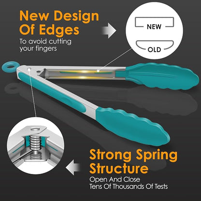 HOTEC Premium Stainless Steel Locking Kitchen Tongs with Silicon Tips, Set of 2-9" and 12", Turquoise