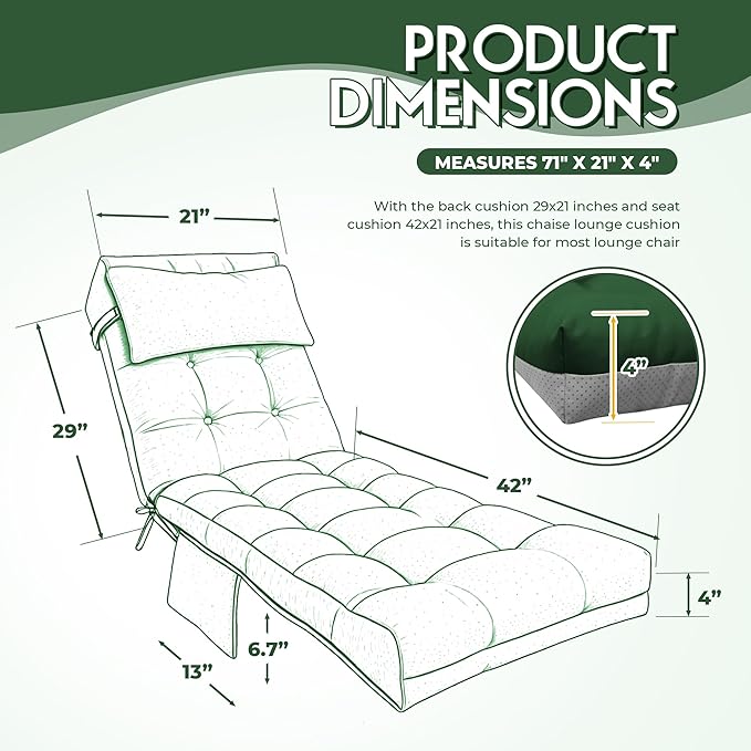 Outdoor Chaise Lounge Chair Cushion, Waterproof Outdoor Chair Cushions for Patio Furniture, 71 x 21 x 4 Inches Replacement Chaise Lounge Cushion with Ties (Green)