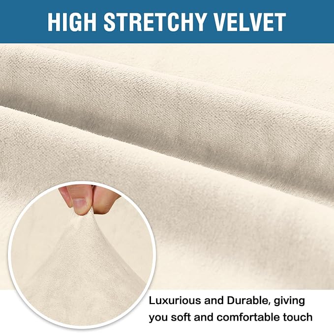 H.VERSAILTEX Stretch Velvet Sofa Covers for 3 Cushion Couch Covers Sofa Slipcovers Furniture Protector Soft with Non Slip Elastic Bottom, Crafted from Thick Comfy Rich Velour (Sofa 72"-90", Ivory)
