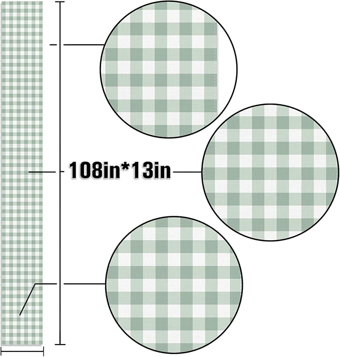 Sage Green Gingham Party Table Runner Green and White Checkered Plaid Decorations for Birthday Bridal Baby Shower Home Dining Kitchen Island Decor (13" x 108")