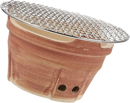 Portable Mini Charcoal Bbq Stove with Pottery Body and Grill Net, Compact Outdoor Barbecue Grill for Camping and Backyard Cooking, Brown Rustic Style Color