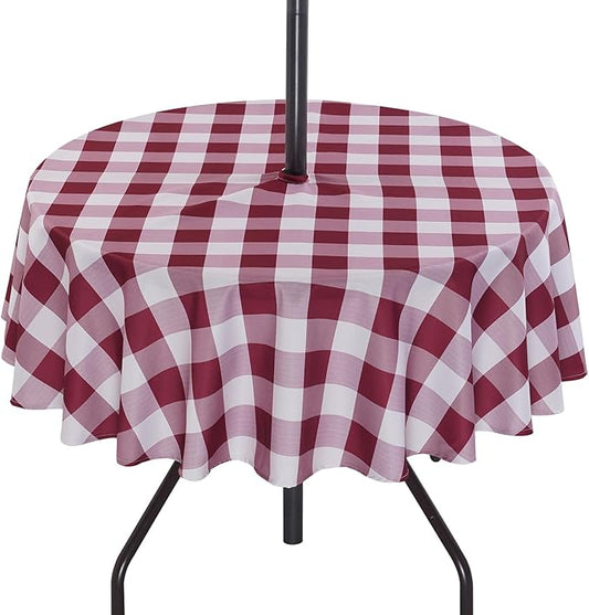 SquarePie 60 Inch Round Outdoor Tablecloth with Umbrella Hole and Zipper - Spillproof Wipeable Polyester Gingham Table Cloth Cover for Patio Picnic Camping Garden BBQ, Burgundy Red Checkered