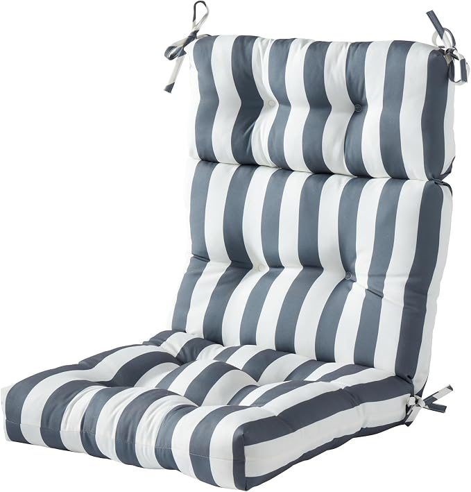 Outdoor Tufted High-Back Chair Cushions, One-Piece Hinged Seat and Back Design, Reversible with 4 Ties, Durable Polyester Fabric, Recycled Fiber Fill - Single, Canopy Stripe Gray