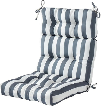 Outdoor Tufted High-Back Chair Cushions, One-Piece Hinged Seat and Back Design, Reversible with 4 Ties, Durable Polyester Fabric, Recycled Fiber Fill - Single, Canopy Stripe Gray