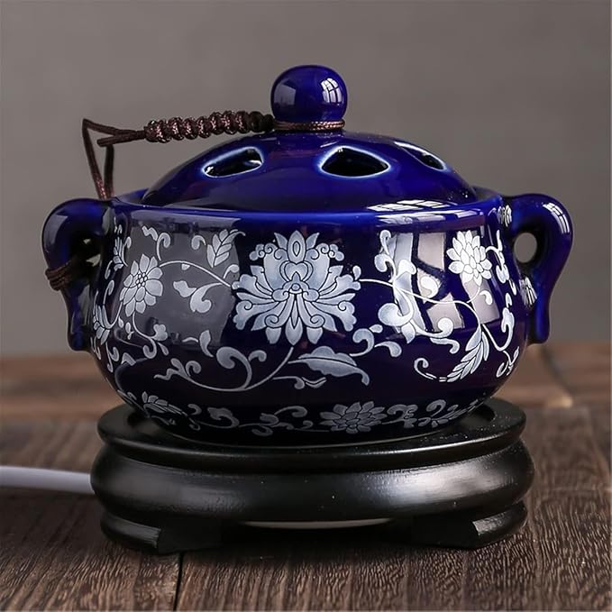 Electric Resin Burner with Timer, Ceramic Electric Incense Burner, Burner Censer 110V for Home Porch, Patio, Garden, Office, Yoga, Living Room, Meditation Room （Blue）