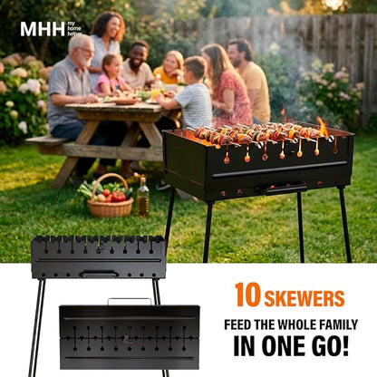Charcoal Grill for 10 Skewers - Portable Barbecue Kabob Camp Grills - Foldable Metal Mangal - Kebab Shish BBQ for EDC Picnic Outdoor Cooking Camping Hiking (Skewers Not Included)
