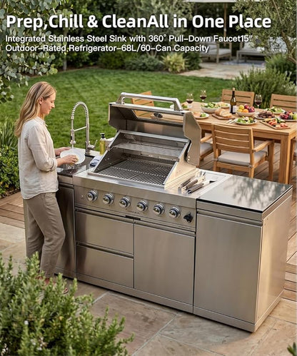 Outdoor Kitchen Island Barbecue Grill with Refrigerator & Rotisserie, Heavy-Duty Stainless Steel Freestanding Grills Station, Weather-Resistant Cooking Cabinet for Backyard & Summer Propane Gas