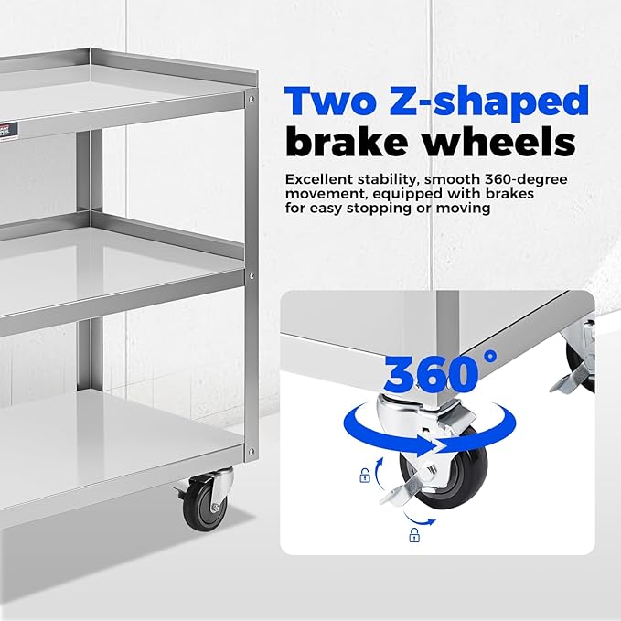 Hally Stainless Steel Utility Cart 3 Tier NSF Rolling Carts 31" Lx19 Wx34 H | Commercial Heavy Duty Metal Mobile Food Cart, with Handle and Wheels, for Kitchen, Restaurant, Hospital, Laboratory and Home