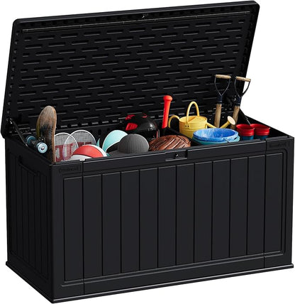 Patiowell 150 Gallon Large Outdoor Storage Box, Waterproof Deck Box with Fixed Divider, Lockable and Durable Patio Storage Solution for Patio Furniture and Garden Tools (Black)