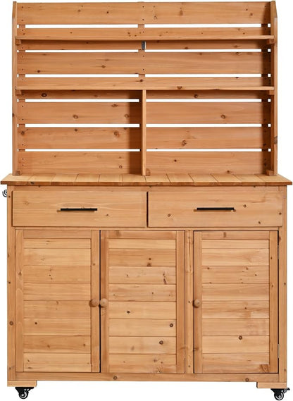 Outdoor Grill Cart with Storage Cabinet, Wood Outdoor Kitchen Island Prep Cart Grill Station for Food Prep and BBQ, Natural