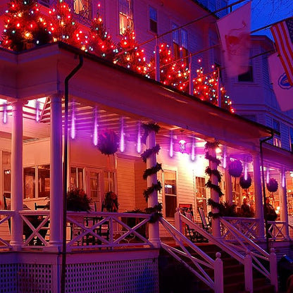 Purple Meteor Shower Lights for Halloween Christmas Decor Yard Outside | 16 Tubes, Equivalent to 2 Sets of 8-Tube, Waterproof Purple Icicle Lights for Oudoor Halloween Xmas Decorations, UL Plug