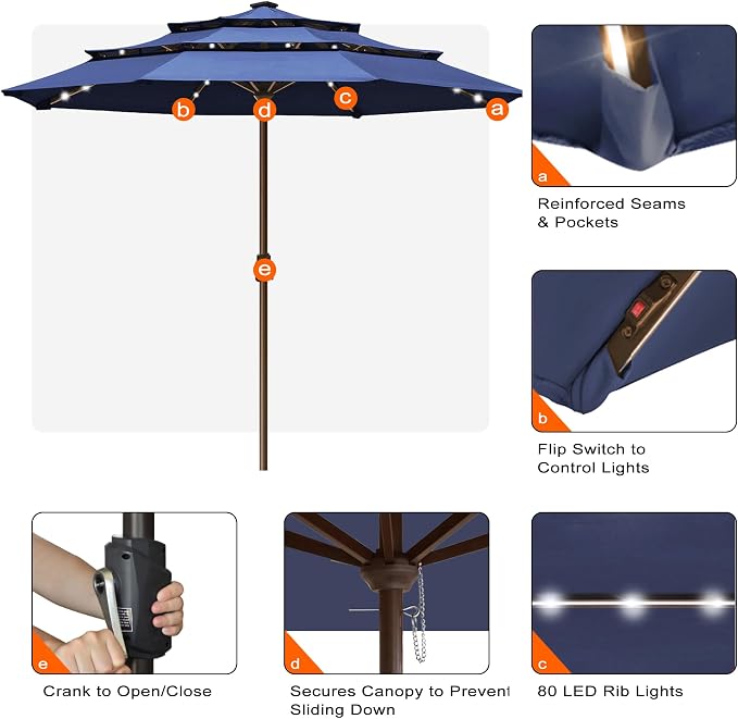 EliteShade USA 10-Year-Non-Fading 10ft 3-Tier Market Patio Umbrella, Commercial Table Umbrella with 80 Solar LED Lights, Crank Open, Windproof & UPF 50+ UV Protection for Garden, Deck, Pool, Backyard, No Tilt, Navy Blue