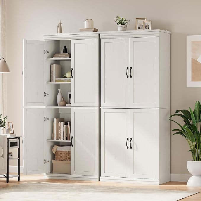 IDEALHOUSE Pantry Cabinet, White 4-Door with Adjustable Shelves, 70" H | Freestanding Cupboard with 5 Interior Compartments, Dining Room, Kitchen, Bathroom, Living Room
