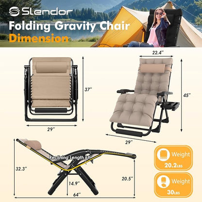 Slendor Oversized Zero Gravity Chairs XL, 29in Padded Recliner Chair, Beige | Reclining Lounge Chair, Folding Anti Gravity Chairs w/Aluminum Alloy Lock,Headrest,Cup Holder, Support 440lbs,for Lawn Patio