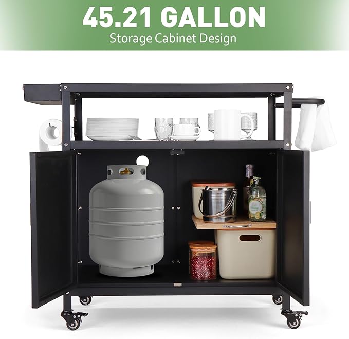 Outdoor Grill Cart with Storage Cabinet, Pizza Oven Stand Table with Wheels for Outside, Patio, Kitchen, Movable Outdoor Food Prep Table for Grill, BBQ