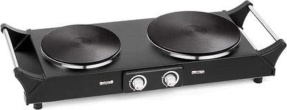 Techwood ES-3203 Hot Plate Electric Double Burner 1800W for Cooking with Adjustable Temperature & Stay Cool Handles, Black Stainless Steel, Compatible for All Cookwares