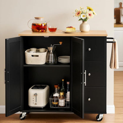 VEVOR Kitchen Island Cart with Storage, 42.4 in Wide Mobile Rolling Storage Island on Swivel Wheels, with 3 Drawers, Storage Cabinet, Drop Leaf, Towel Rack, Table for Home Dining Room, Black