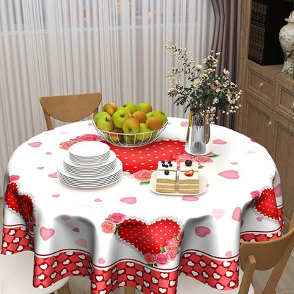 Sweetshow Valentines Day Table Cloth Round Red Hearts Pink Rose Flower Tablecloth 70 Inch with Check Plaid Decor Washable Stain and Wrinkle Love Romantic Round Table Cover for Dining Picnic