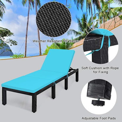 Tangkula Patio Wicker Lounge Chair, Outdoor Rattan Adjustable Reclining Backrest Lounger Chairs, Modern Outside Rattan Chaise with Seating and Back Cushion (1, Turquoise)