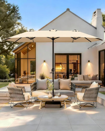 GDPFN 13FT Large Patio Umbrella, Outdoor Deck Standing Umbrella with Crank Handle, Double-Side Rectangular Pool Umbrella for Outside, Market, Patio, Beige (Base Not Include)