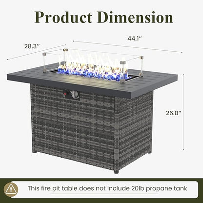 Propane Fire Pit Table, 44" Outdoor Gas Fire Pit with Glass Wind Guard & Waterproof Cover
