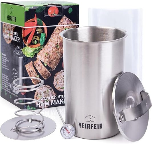Deli Meat Press and Ham Maker - 304 Stainless Steel Lunch Meat Press with Thermometer, 20 Cooking Bags & Recipes - Healthy Homemade Cooking Tool for Ham &Deli Lunch Meat Making