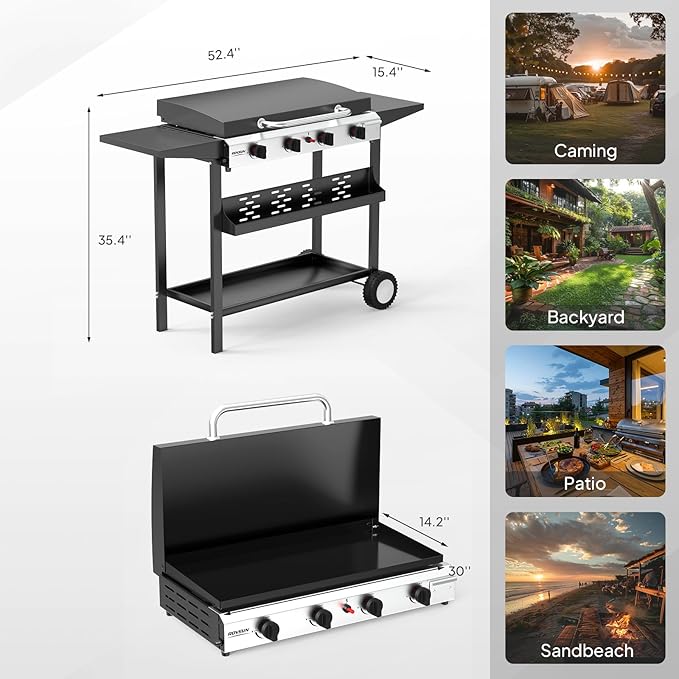 ROVSUN 4 Burner Portable Propane Griddle with Electronic Ignition, 40000 BTU Rolling Flat Top Gas Grill with Enameled Tray & Lid, Side Shelves & Regulator for Outdoor Cooking Camping BBQ Tailgating