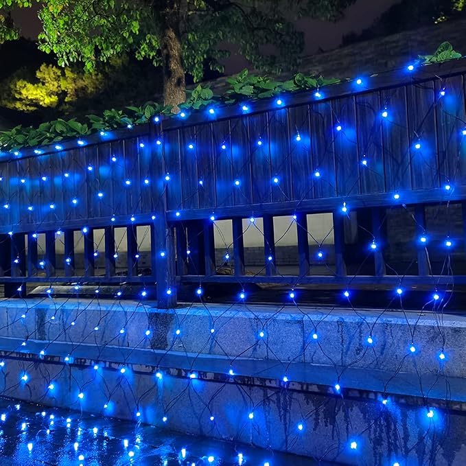 Pooqla Blue Net Lights, 21x 5ft Christmas Bush Lights Outdoor Green Wire | 360 LED Large Net Mesh Lights Plug in, 8 Modes Waterproof Connectable Bushes Lights for Halloween Hedge Yard Decor