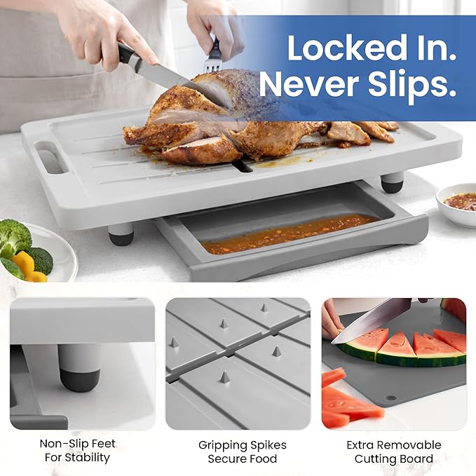 Large Cutting Board - XL Meal Prep System with Juice Groove, Spikes, Drip Tray & Removable BPA Free Cutting Board - Patented Multi-Feature Design Carving Board - BBQ Essential & Kitchen Gifts