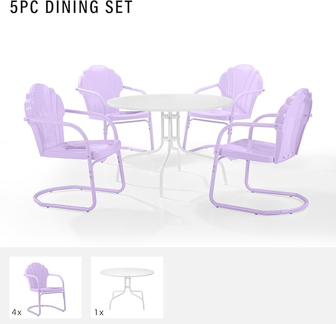 Crosley Furniture Tulip 5-Piece Outdoor Dining Set for 4, Vintage Retro Metal Round Patio Table and Chairs, Lavender Gloss/White Satin