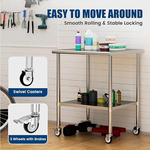Stainless Steel Work Table with Wheels, 30x30 Inch NSF Kitchen Prep Table with Adjustable Undershelf for Commercial Restaurant, Garage, Outdoor BBQ