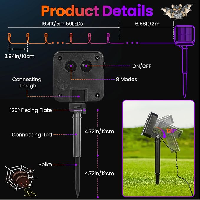 Solar Halloween Lights Outdoor Solar String Lights Waterproof for Halloween Decorations, Total 100LED 45FT for Garden Yard Pathway Fence, Orange Purple 8 Modes 50LED x 2 Pack