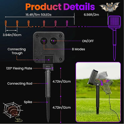Solar Halloween Lights Outdoor Solar String Lights Waterproof for Halloween Decorations, Total 100LED 45FT for Garden Yard Pathway Fence, Orange Purple 8 Modes 50LED x 2 Pack