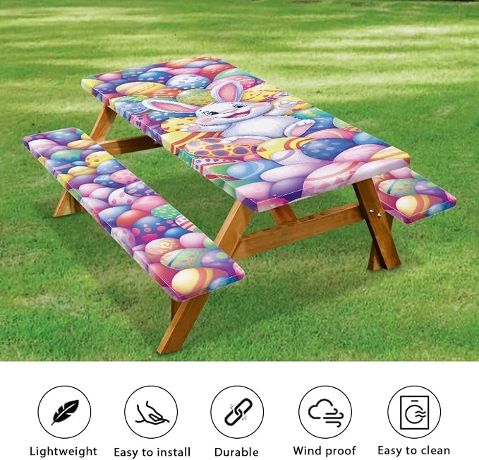 Easter Bunny Eggs Picnic Table Cover for Outdoor Camping Easter Bunny Eggs Elastic Fitted Table Cloth for Camping Party Supplies 3 PCS Set