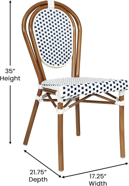 Flash Furniture Lourdes Indoor/Outdoor Commercial Thonet Bistro Stack Chair - White/Navy PE Rattan Back and Seat - Natural Bamboo Print Metal Frame - Set of 2