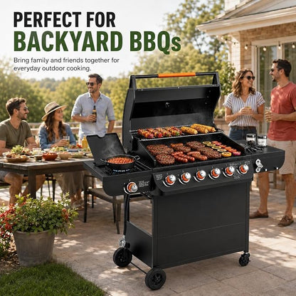 6-Burner Propane Gas Grill with Side Burner, 72,000 BTU Outdoor BBQ Grill, 650 Sq. In. Cooking Area, Cast Iron Grates, 4 Wheels, Pull-Out Drip Tray, Black