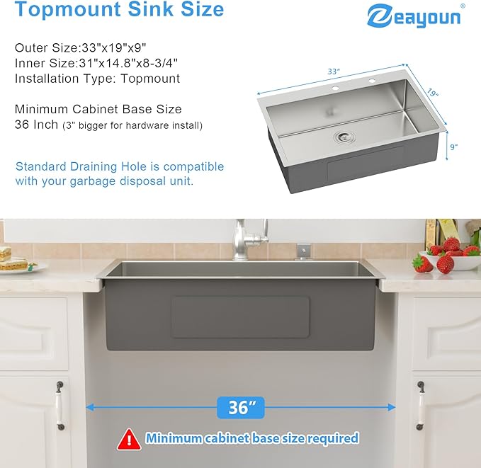 33 Inch Drop in Kitchen Sink-33x19 Drop in Kitchen Sink 18 Gague Topmount Stainless Steel Single Bowl Handmade Sinks Large Deep Basin 33"x19"x9"
