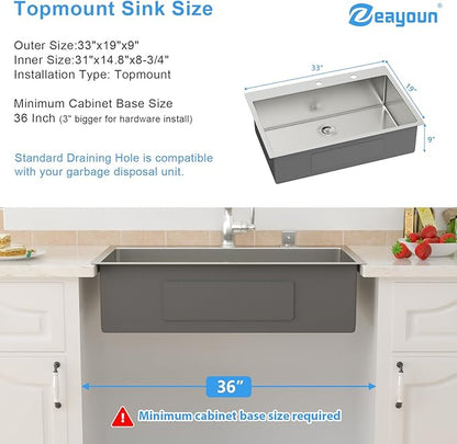33 Inch Drop in Kitchen Sink-33x19 Drop in Kitchen Sink 18 Gague Topmount Stainless Steel Single Bowl Handmade Sinks Large Deep Basin 33"x19"x9"