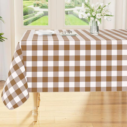 Smiry Picnic Table Cloth, Vinyl Tablecloths with Flannel Backing, 54"x78" | Waterproof Rectangle Table Cloth, Wipeable Buffalo Plaid Table Cover for Indoor and Outdoor (Brown & White)